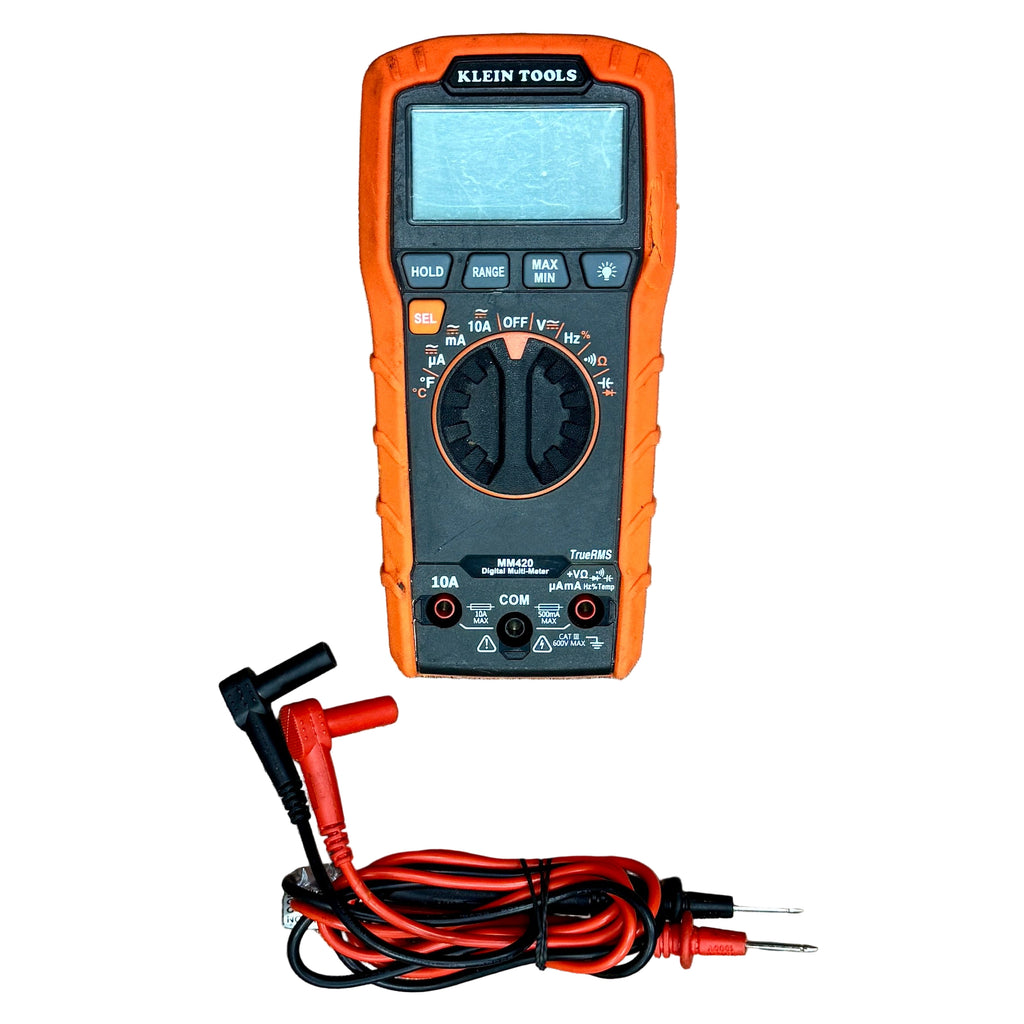 Klein Tools MM420 600V Digital Multi-Meter Klein Tools multimeter with probes on a wooden surface