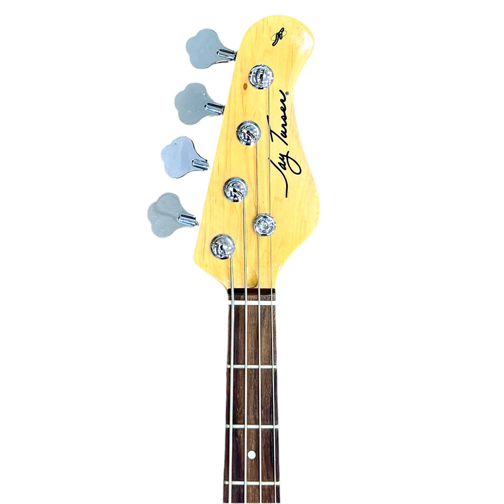 Jay Turser JTB-402-TSB Electric Bass Guitar w/ Hard Case Yellow guitar headstock with tuning pegs on a white background