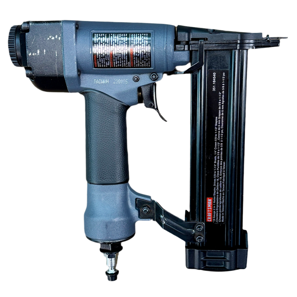 CRAFTSMAN 18-Gauge 1-1/2" Pneumatic 2-in-1 Nailer/Stapler w/ Hard Case (351.184540) Blue and black nail gun on a white background