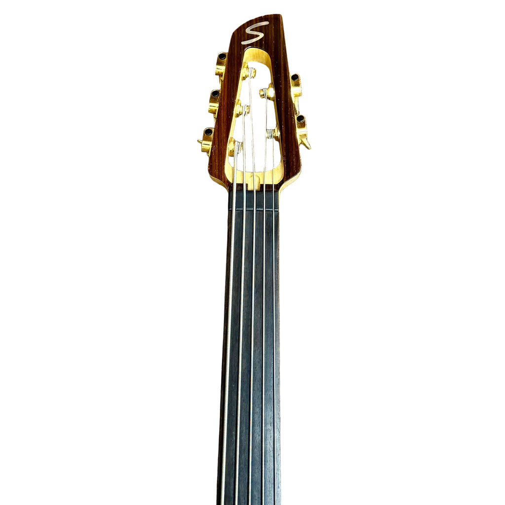 Samick SAKB56690 5-String Electric Bass Guitar w/ Hard Case Wooden string instrument on a tiled floor