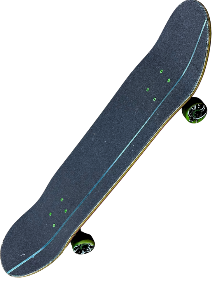 Skateboard with a black deck and green wheels on a white background