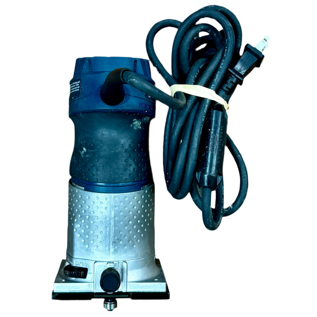 BOSCH 5.6-Amp Colt 1.0 HP Corded Variable-Speed Fixed Base Palm Router w/ Hard Case (PR20EVS) Blue and silver power tool with a long cord on a white background