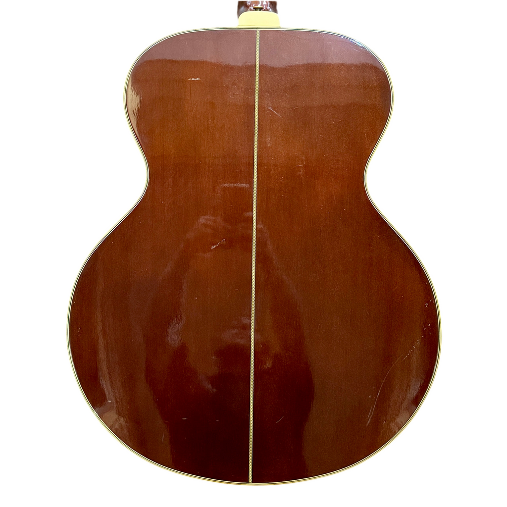 Yamaha CJ-818SB Jumbo Acoustic Guitar w/ Soft Case Back view of a brown acoustic guitar on a white background