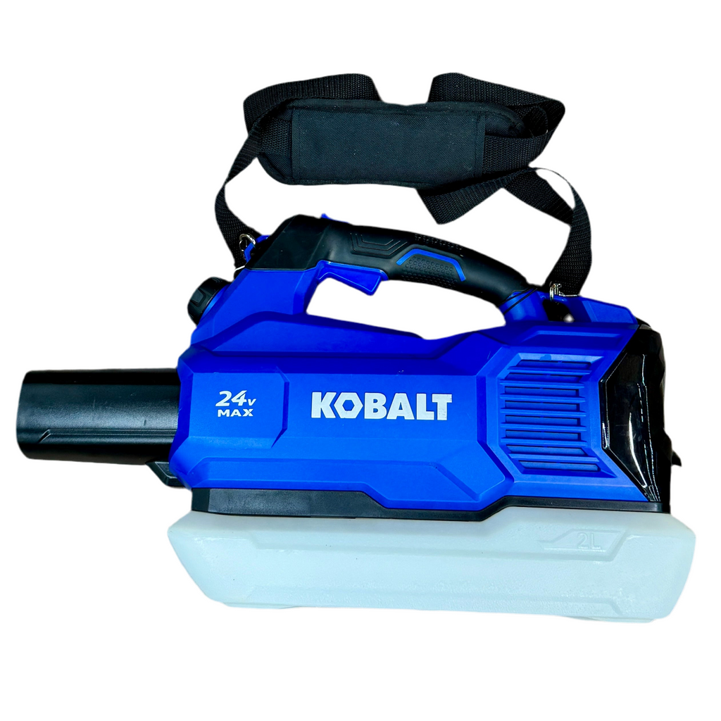 Kobalt 24V 0.53-Gallon Battery-Powered Plastic Handheld Fogger w/ Battery & Charger (KFG 1024B-03) Blue Kobalt power tool with black handle on a white background