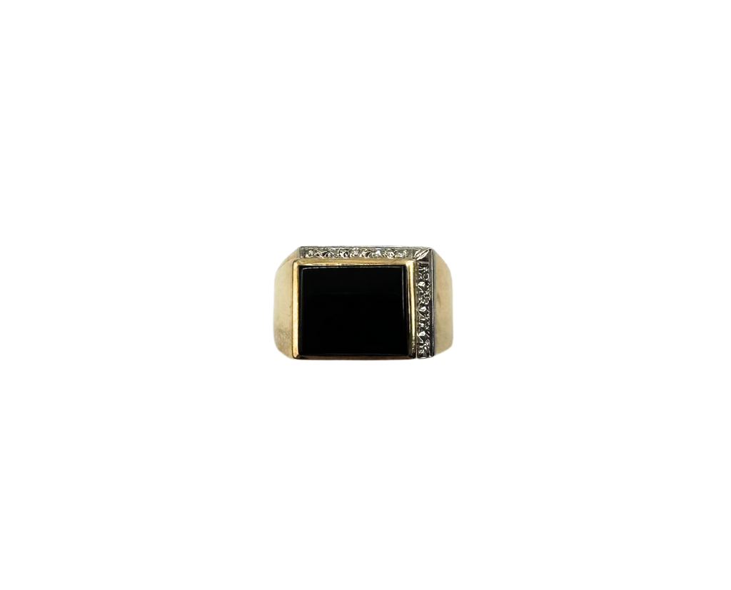 14K Yellow and White Gold Square Onyx Flat Edge Ring with Diamond Accent top