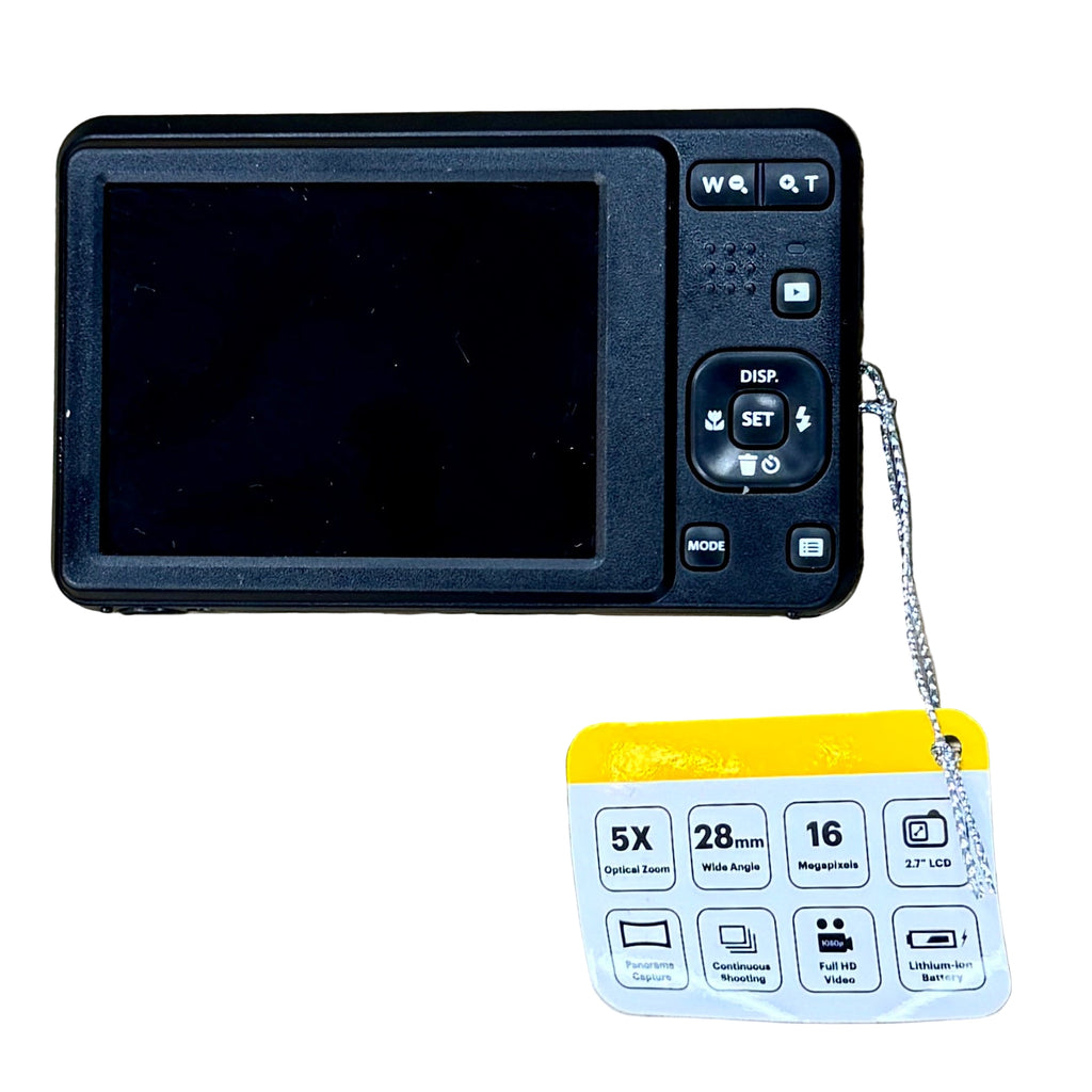 KODAK PIXPRO FZ55 16MP CMOS Sensor Digital Camera w/ 128 GB SD Card - Black digital camera on a wooden surface with a feature label attached.