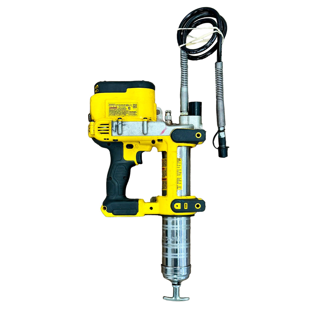 DeWalt 20V MAX Cordless Grease Gun w/ Hard Case (DCGG571) Yellow and black pneumatic nail gun on a white background