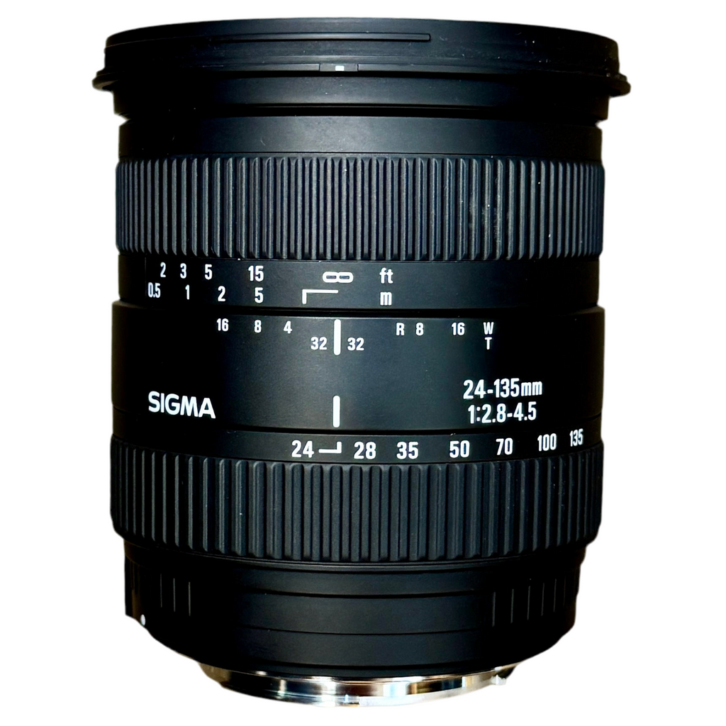 SIGMA Zoom 24-135mm f/2.8-4.5 Camera Lens w/ Front & Rear Caps (Canon) Sigma camera lens on a white background