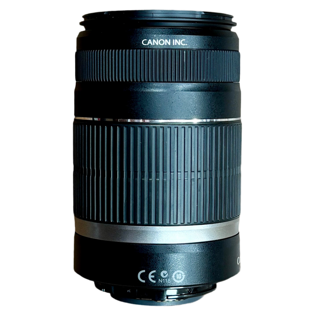 Canon Zoom Lens EF-S 55-250mm f/4-5.6 IS Camera Lens w/ Front & Rear Caps Canon camera lens on a white background