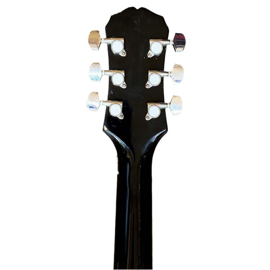 Epiphone SG Standard Electric Guitar Close-up of a black guitar headstock with tuning pegs on a white background