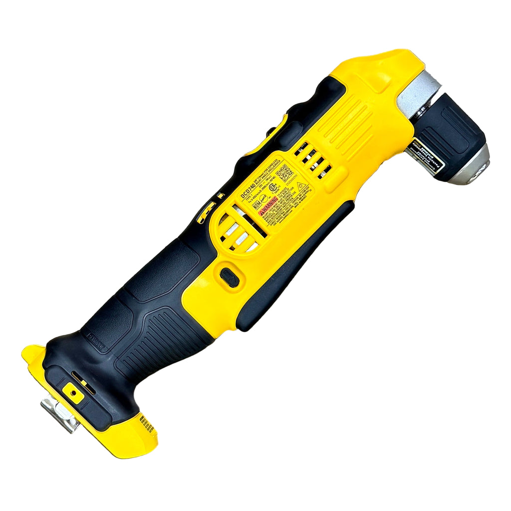 DeWalt 20V MAX 3/8" Cordless VSR Right Angle Drill/Driver (DCD740) Yellow and black oscillating tool on a wooden surface