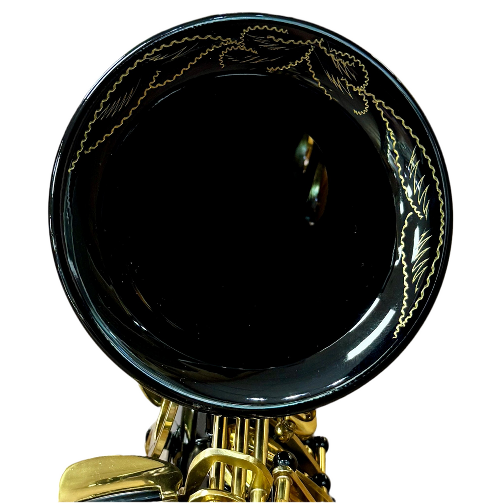 SLADE Eb Alto Saxophone w/ Case & Accessories Black and gold decorative item on a white background