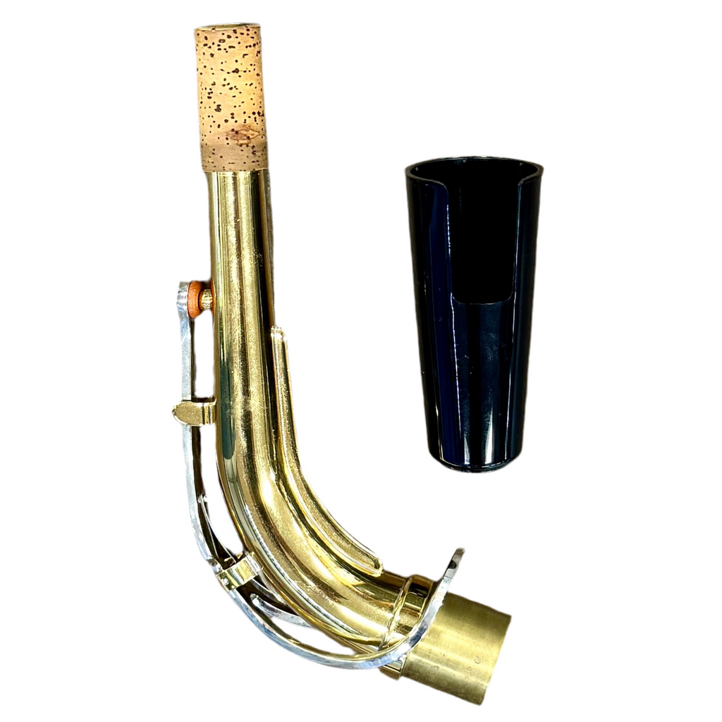 Yamaha YAS-200ADII Advantage Standard Alto Saxophone w/ Hard Case (Serial # N25454) Brass mouthpiece with cork and black plastic component on a white background