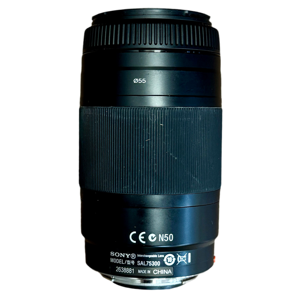 Sony SAL75300 75-300mm 4.5-5.6 1.5m/4.9ft Macro Camera Lens w/ Sony SH0007 Hood Sony camera lens on a white background
