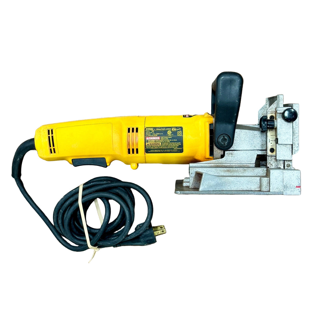 DeWalt 6.5-Amp Corded Heavy-Duty Plate Joiner w/ Hard Case (DW682) Yellow power tool with metal attachment on a white background