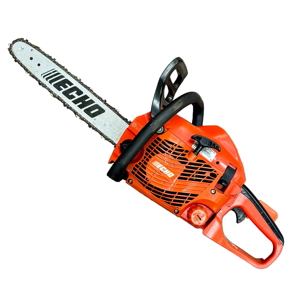 ECHO CS-310 30.5 cc 14" Guide Bar Gas-Powered Chainsaw Orange Echo chainsaw on a wooden floor