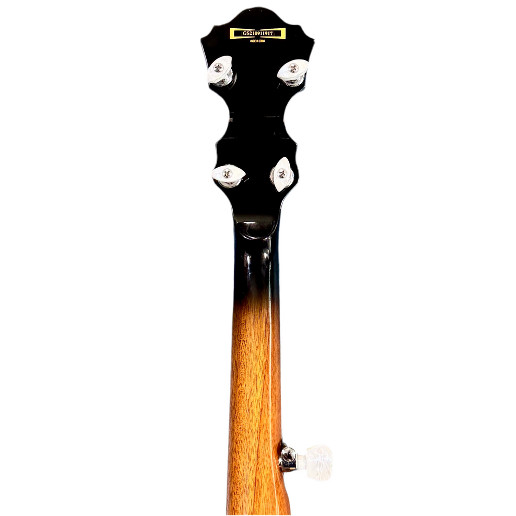 Ibanez B300 5-String Resonator Banjo w/ Hard Case Close-up of a guitar headstock with tuning pegs on a white background