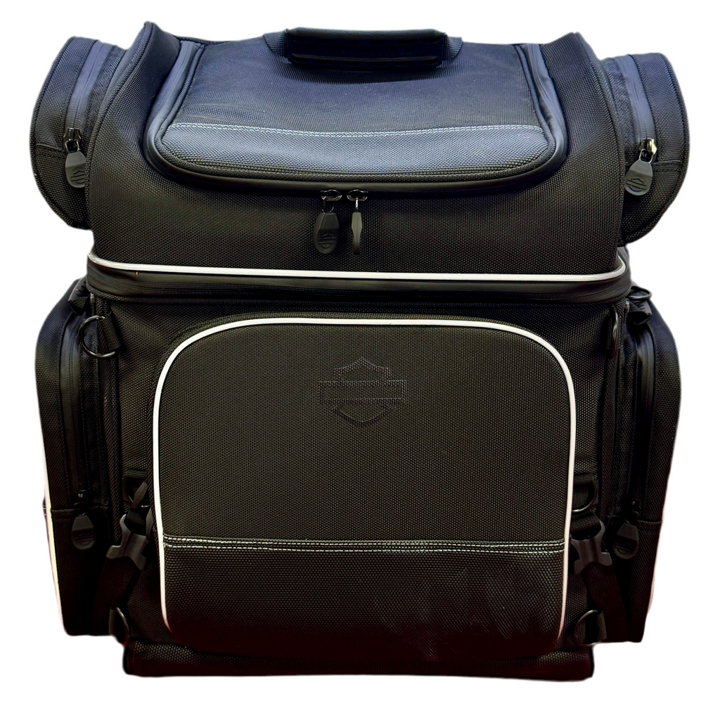 Harley-Davidson Onyx Premium Luggage Touring Bag Black backpack with visible brand logo on a white background