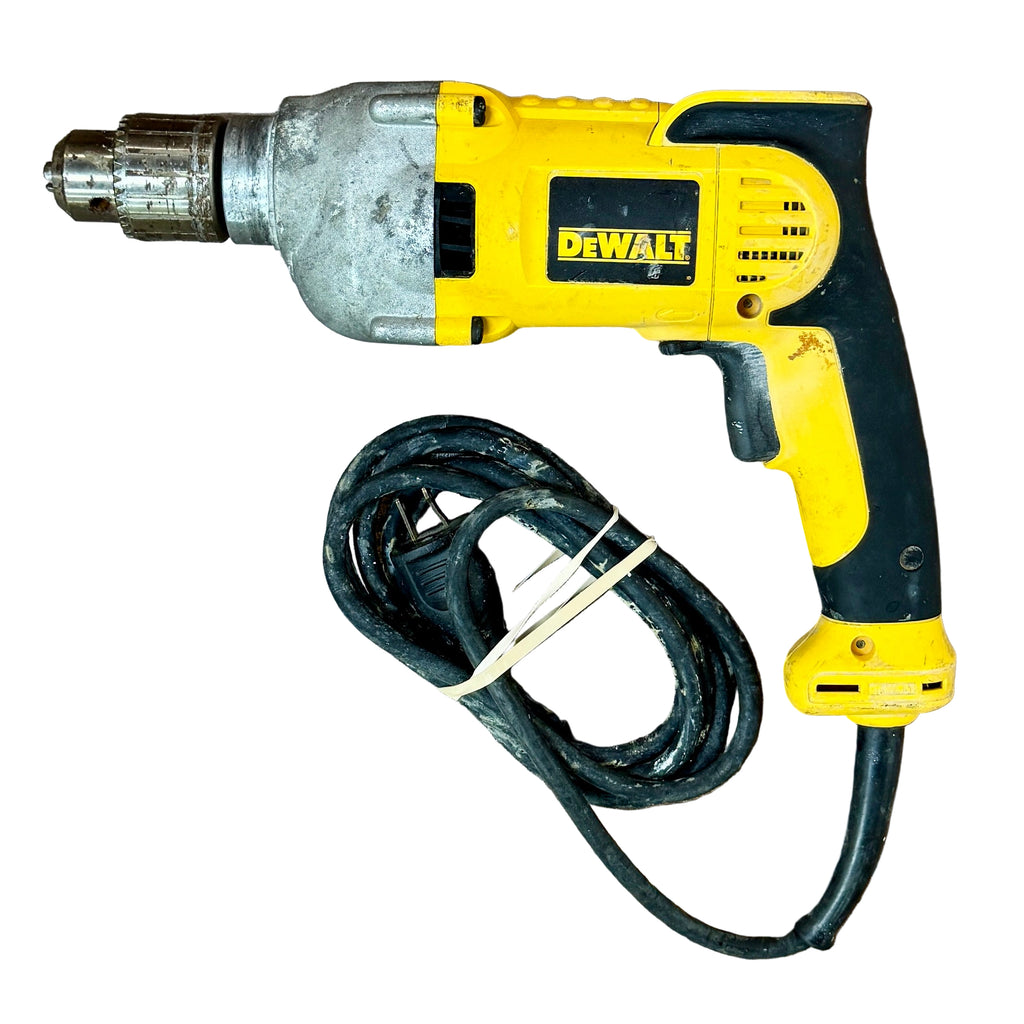 DeWalt 10-Amp 1/2" Corded VSR Pistol Grip Drill (DWD210G) Yellow and black Dewalt drill on a wooden surface