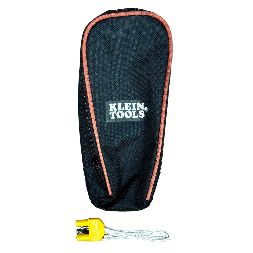 Klein Tools CL390 400A AC/DC Digital Clamp Meter w/ Case Black Klein Tools pouch with a yellow tool on a wooden floor