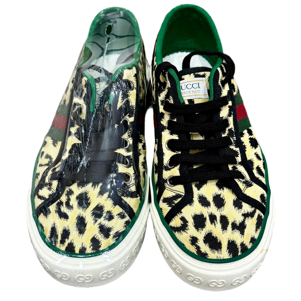 GUCCI Tennis 1977 Leopard Print Sneakers - Beige-Black/Black/VRV (Size 7+) front