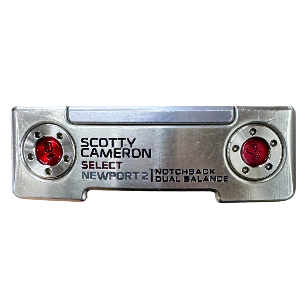Titleist Scotty Cameron SELECT NEWPORT 2 Blade Putter RH Golf Club w/ Headcover Scotty Cameron golf club head cover with red centers on a white background