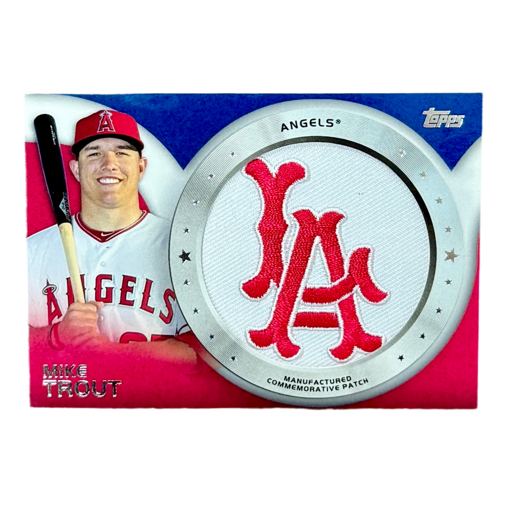 Mike Trout 2014 Topps Baseball Series 1 Commemorative Los Angeles Angels Team Logo Patch Card (CP-7) Baseball trading card with a player and Angels logo patch