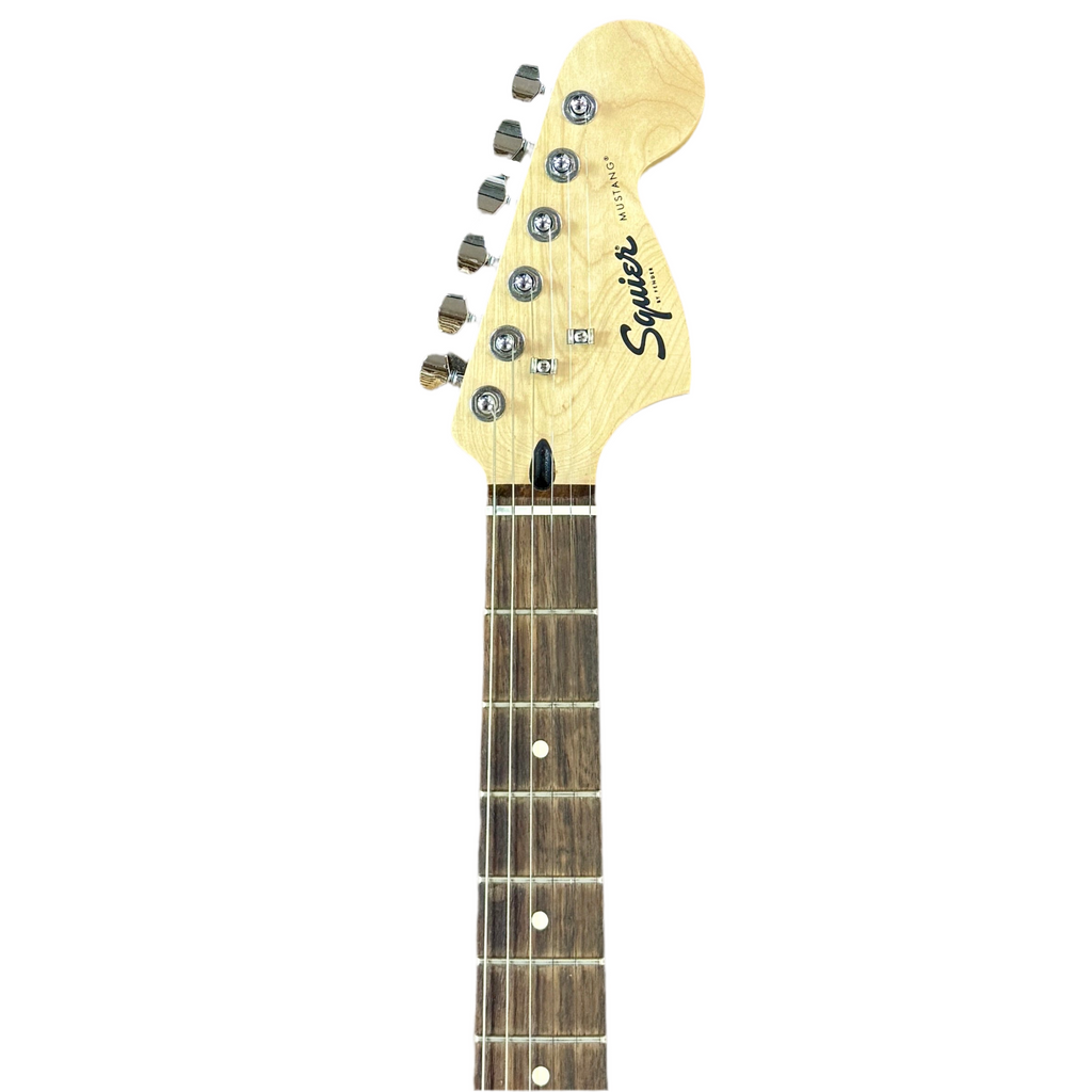 Fender Squier Mustang Electric Guitar headstock with 'Squier' branding on a white background