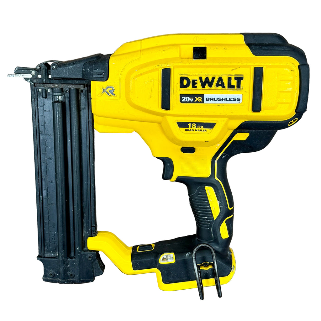 DeWalt 20V MAX XR 18-Gauge 2-1/8" Brushless Cordless Brad Nailer (DCN680) Yellow and black Dewalt nail gun on a wooden surface