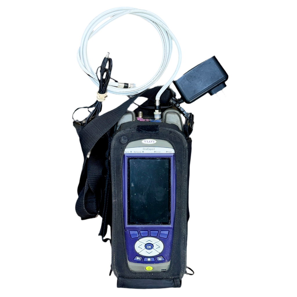VIAVI OneExpert CATV Signal Analysis Meter Platform Cable Tester (ONX-620) Portable device with screen and hose on a white background