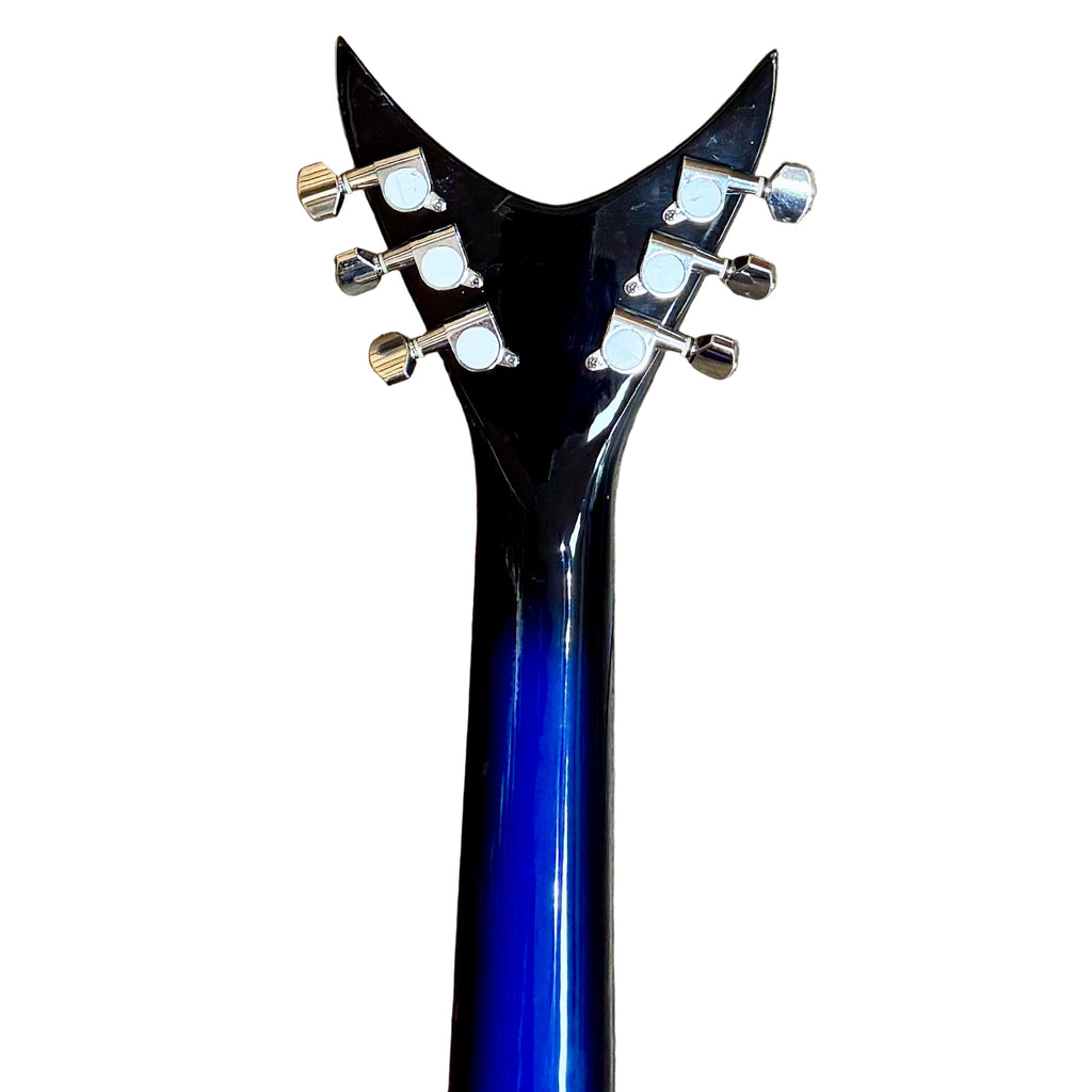 Glen Burton USA Shark Shape Electric Guitar Blue electric guitar neck with headstock on a wooden floor