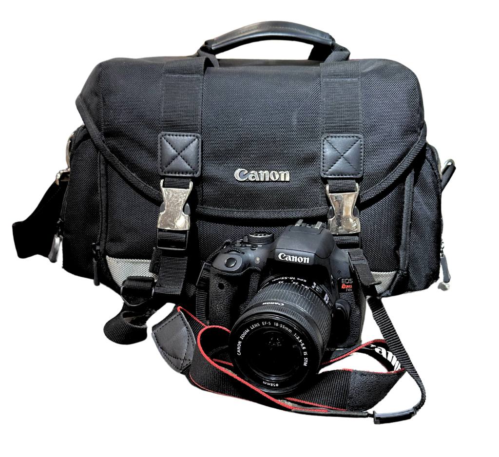 Black Canon camera bag with a Canon camera inside on a white background