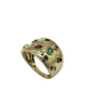 Gold ring with colorful gemstones on a white background