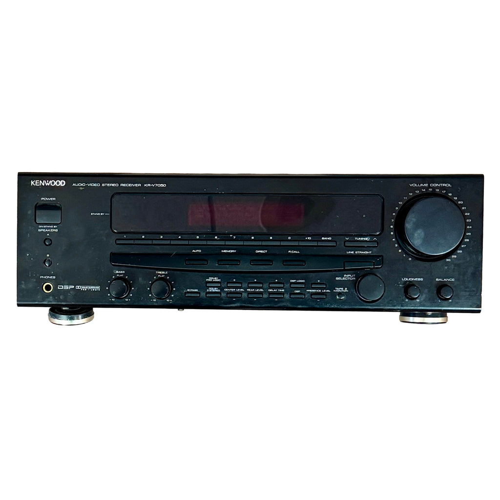 KENWOOD KR-V7050 Audio-Video Stereo Receiver Black Kenwood stereo receiver on a white background