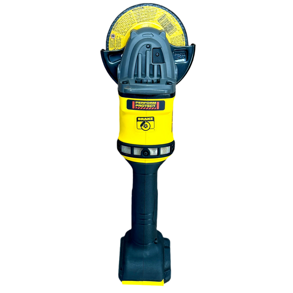 DeWalt FLEXVOLT 60V MAX 4-1/2" - 6" Brushless Cordless Grinder (DCG418) Yellow and blue cordless circular saw on a white background