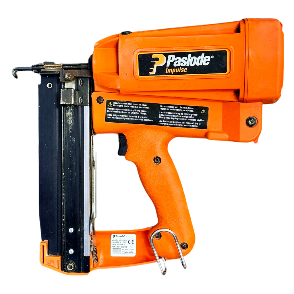 Paslode Impulse 16-Gauge 2-1/2" Cordless Finish Nailer w/ Charger & Hard Case (IM250 II) Orange Paslode nail gun on a white background