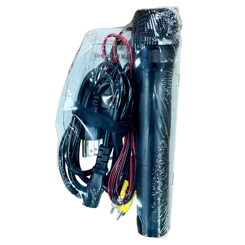 PYLE PWMA230BT Wireless Portable Bluetooth PA Speaker System Car audio system components including a microphone and cable on a wooden surface