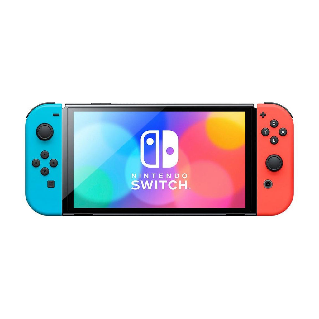 Nintendo Switch console with blue and red Joy-Con on a white background