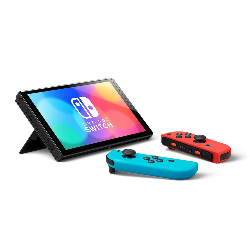 Nintendo Switch console with two controllers on a white background