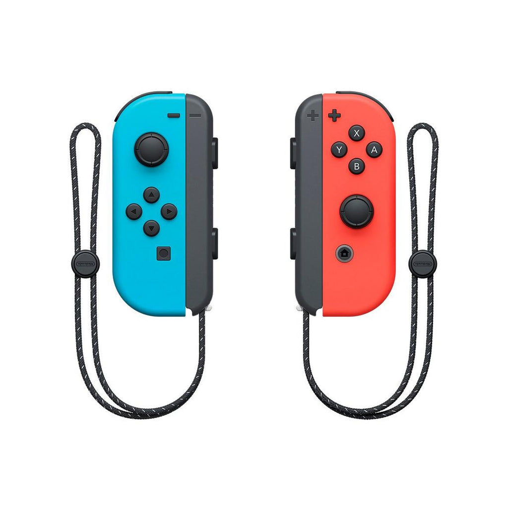 Blue and red gaming controllers with black straps on a white background