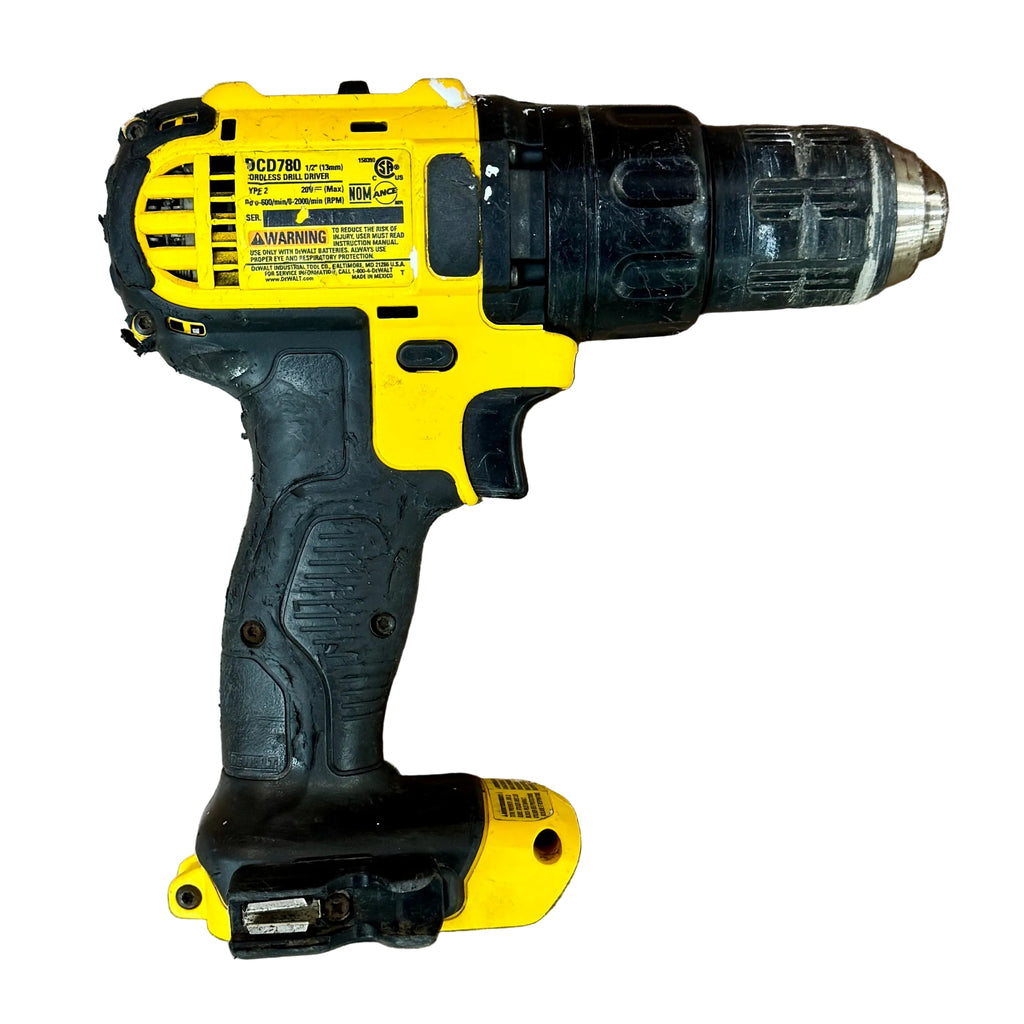 DeWalt 20V MAX 1/2" Cordless Compact Drill/Driver (DCD780) Yellow and black cordless drill on a wooden surface