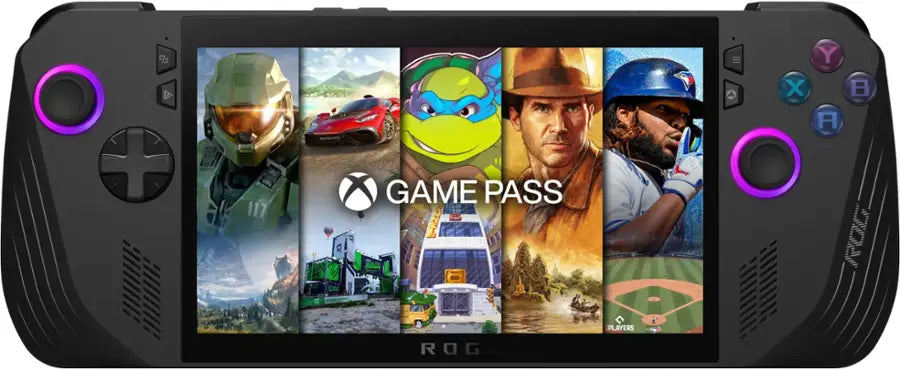 Handheld gaming console with screen displaying Xbox Game Pass games