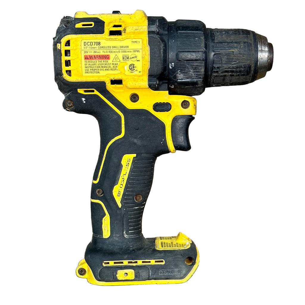 DeWalt ATOMIC 20V MAX 1/2" Brushless Cordless Compact Drill/Driver w/ Battery & Charger (DCD708) Yellow and black cordless drill driver on a white background