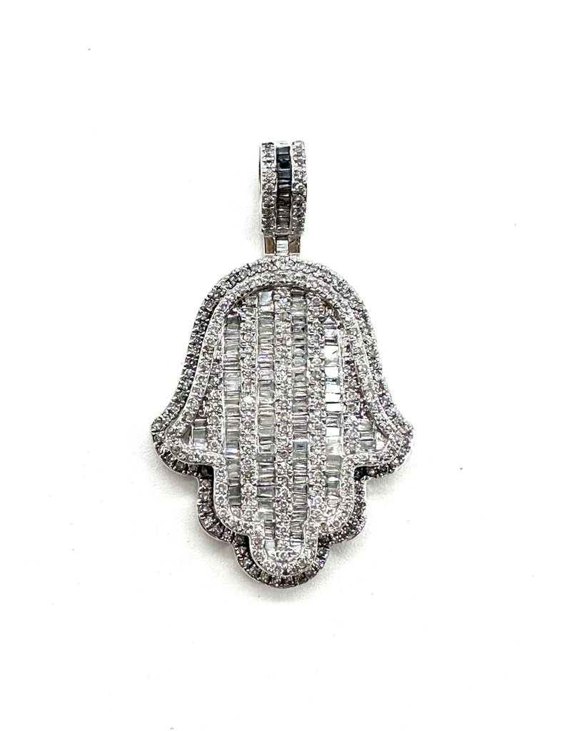 Diamond-encrusted Hamsa hand pendant on a white background