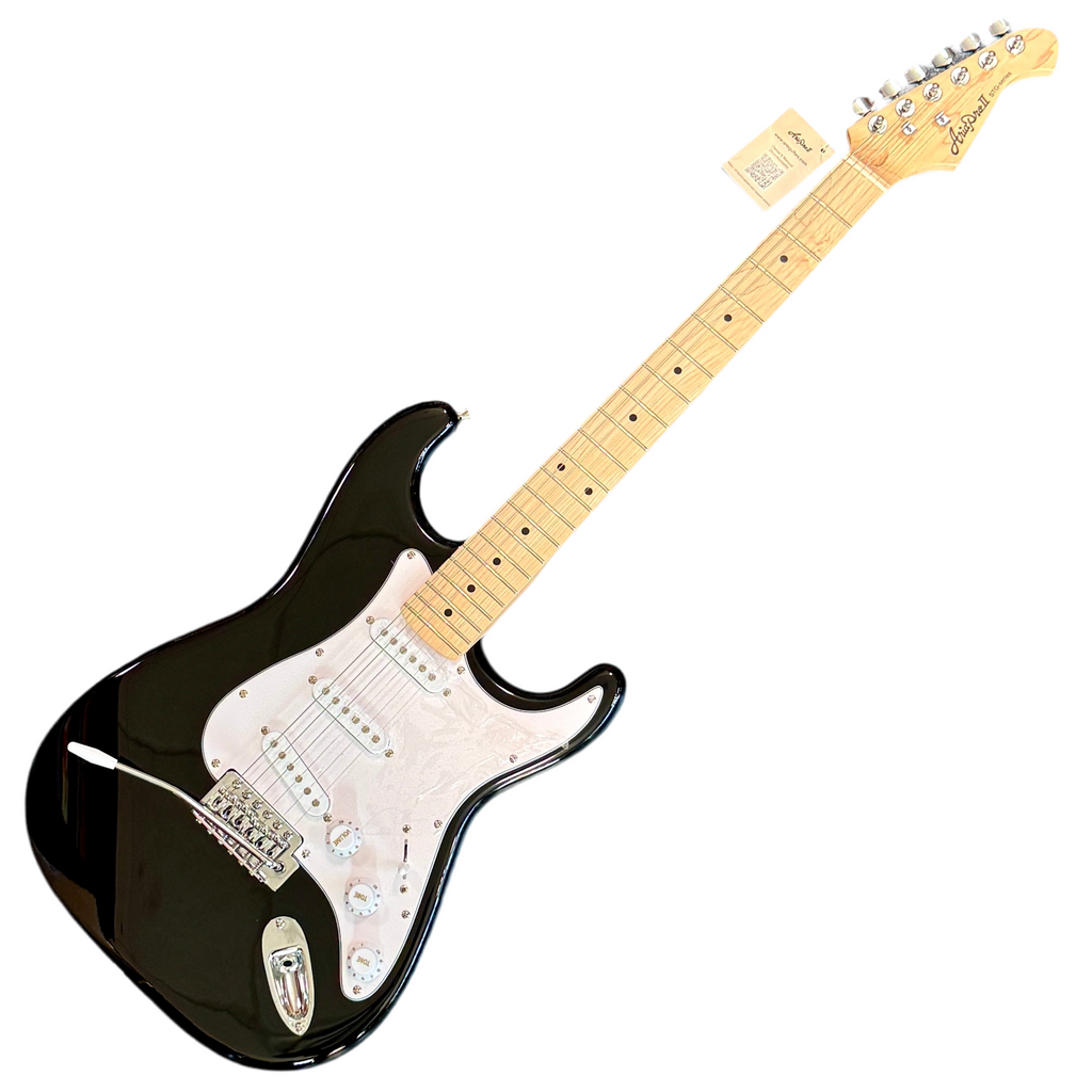 Aria Pro II STG-Series STG-003 Electric Guitar Black electric guitar with a maple neck on a white background