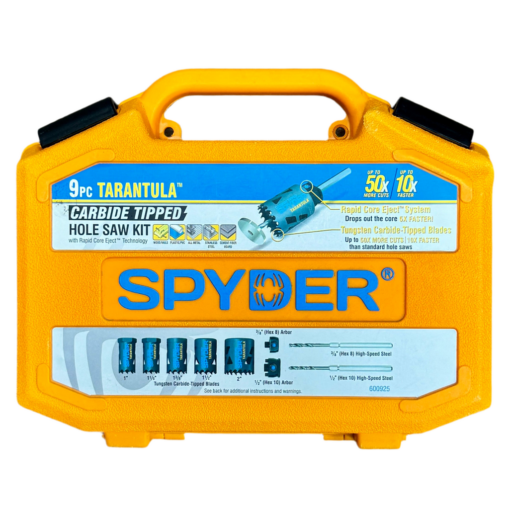Spyder Tarantula 9-Piece Carbide Tipped RCE Hole Saw Kit w/ Hard Case (600925) Spyder hole saw kit with yellow case on a white background