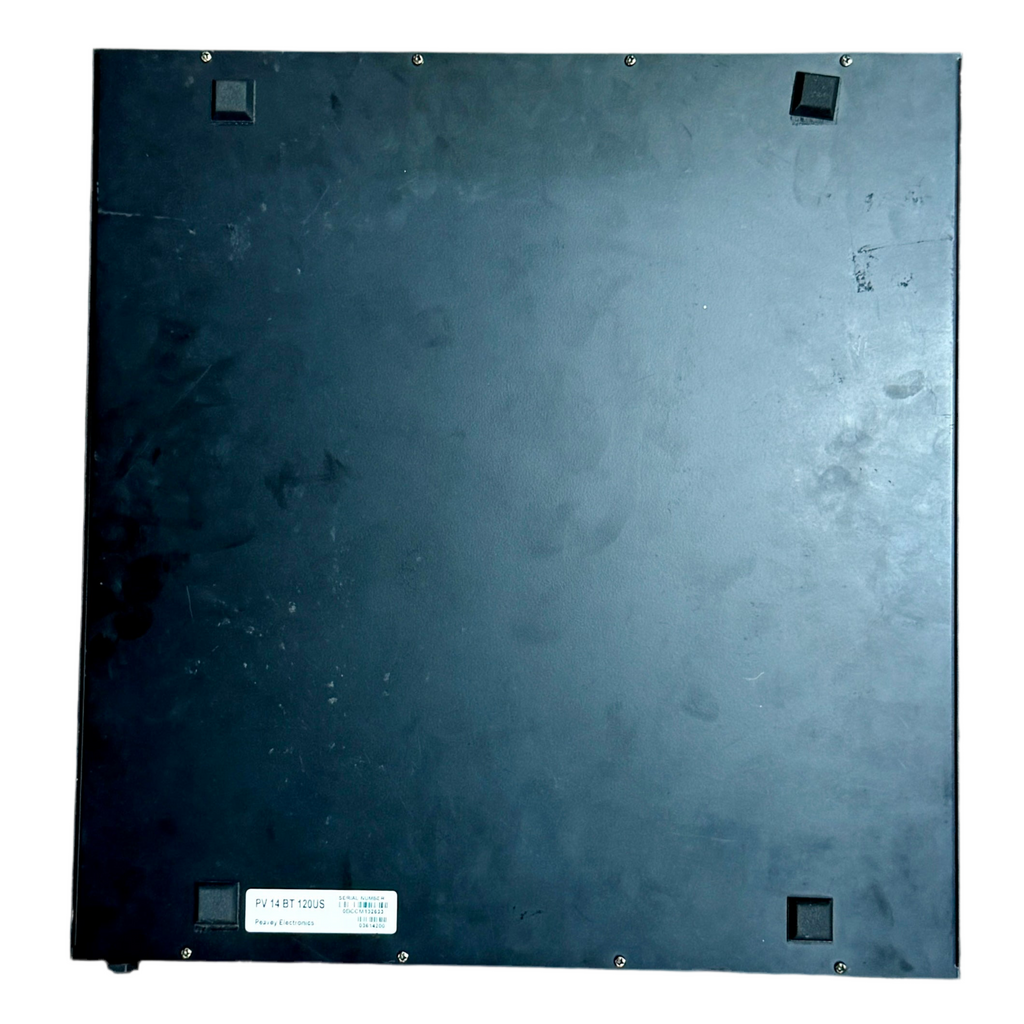 Peavey PV 14 BT 14 Channel Compact Stereo Mixer w/ Bluetooth Back view of a large dark gray metal box with small square holes and a label.