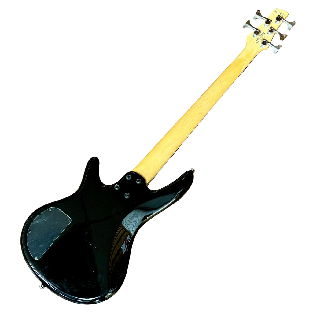 Ibanez GiO SOUNDGEAR GSR105EX 5-String Electric Bass Guitar Black electric bass guitar with a yellow neck on a white background