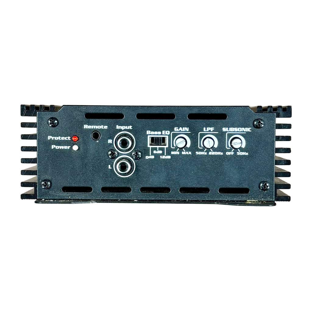 SKAR AUDIO RP-2000.1D 2000 Watt Class D Monoblock Car Amplifier Audio amplifier with control knobs and labels on a white background