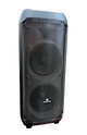 Black speaker with a visible brand logo on a white background